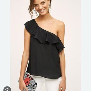 Maeve Silk Elegant Black One-Shoulder Ruffle Top Size Small